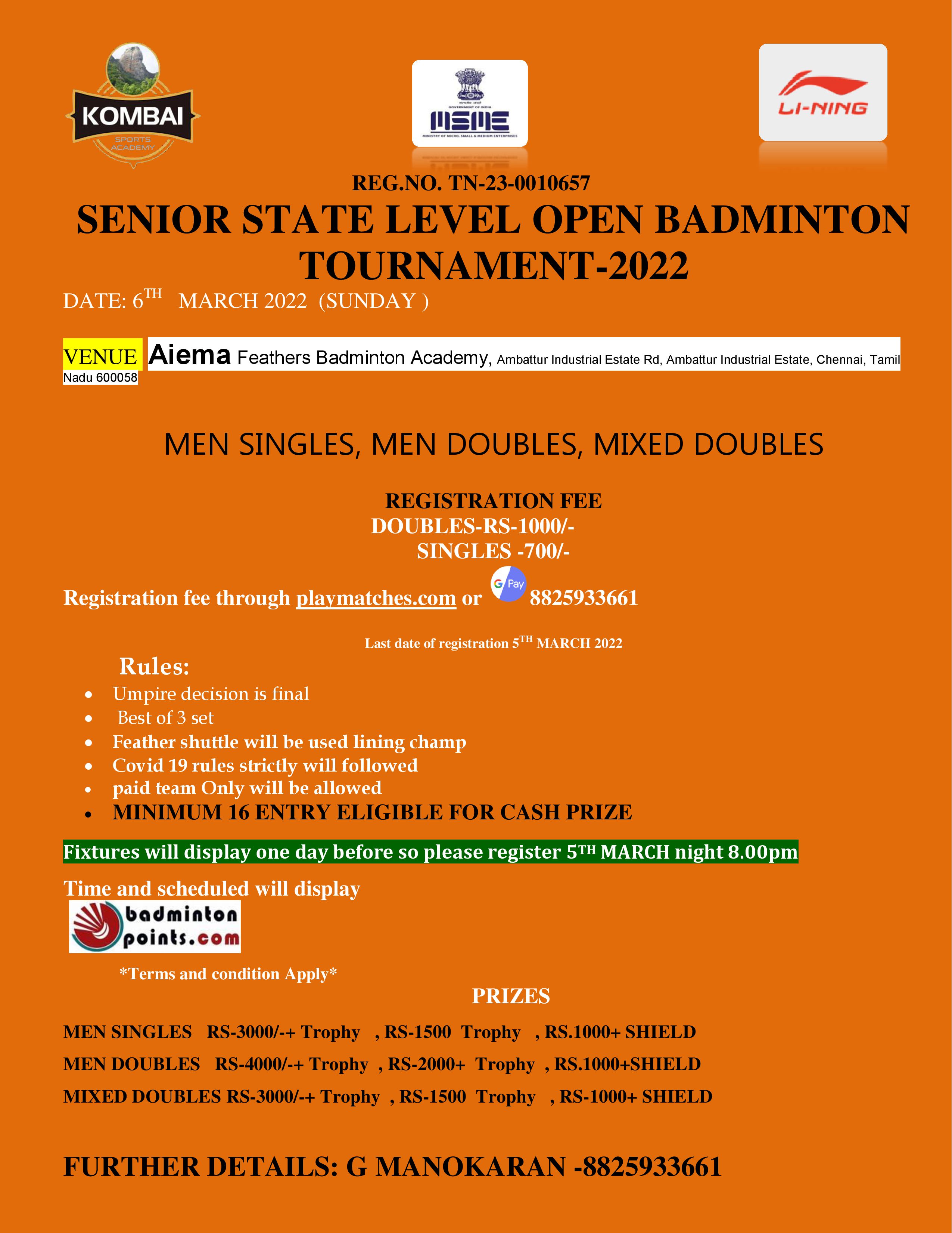 SENIOR STATE LEVEL OPEN BADMINTON TOURNAMENT-2022